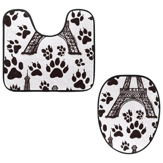 PhooArto Toilet Lid Cover and U-Shaped Toilet Floor Mat Set of 2 Pieces, Eiffel Tower Paw Patterns Toilet Mat Set, Machine Washable Seat Covers Non-Slip Absorbent Rugs