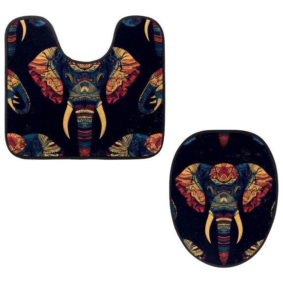 PhooArto Toilet Lid Cover and U-Shaped Toilet Floor Mat Set of 2 Pieces, Elephant Head Tribe Pattern Toilet Mat Set, Machine Washable Seat Covers Non-Slip Absorbent Rugs