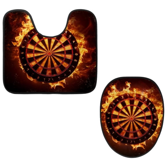PhooArto Toilet Lid Cover and U-Shaped Toilet Floor Mat Set of 2 Pieces, Fire and Darts Board Toilet Mat Set, Machine Washable Seat Covers Non-Slip Absorbent Rugs