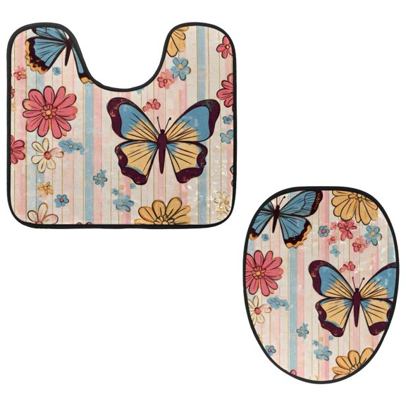 PhooArto Toilet Lid Cover and U-Shaped Toilet Floor Mat Set of 2 Pieces, Floral Butterflies Patterns Toilet Mat Set, Machine Washable Seat Covers Non-Slip Absorbent Rugs