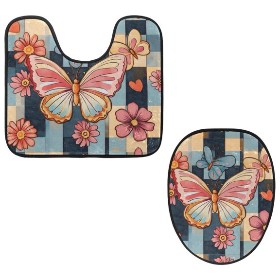 PhooArto Toilet Lid Cover and U-Shaped Toilet Floor Mat Set of 2 Pieces, Floral and Butterflies Toilet Mat Set, Machine Washable Seat Covers Non-Slip Absorbent Rugs
