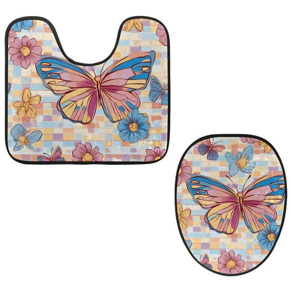 PhooArto Toilet Lid Cover and U-Shaped Toilet Floor Mat Set of 2 Pieces, Floral Butterfly Pattern Toilet Mat Set, Machine Washable Seat Covers Non-Slip Absorbent Rugs