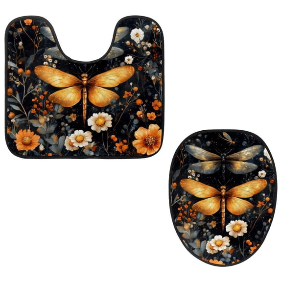 PhooArto Toilet Lid Cover and U-Shaped Toilet Floor Mat Set of 2 Pieces, Floral Dragonfly Pattern Toilet Mat Set, Machine Washable Seat Covers Non-Slip Absorbent Rugs
