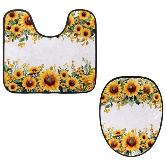 PhooArto Toilet Lid Cover and U-Shaped Toilet Floor Mat Set of 2 Pieces, Flower Sunflower Pattern Toilet Mat Set, Machine Washable Seat Covers Non-Slip Absorbent Rugs
