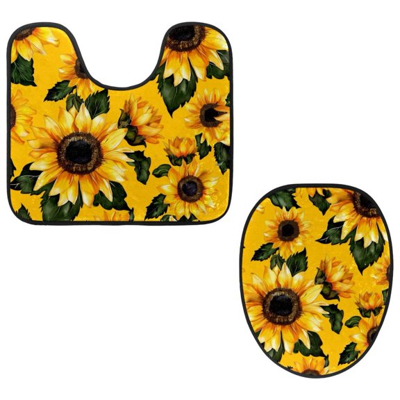 PhooArto Toilet Lid Cover and U-Shaped Toilet Floor Mat Set of 2 Pieces, Flower Sunflower Pattern Toilet Mat Set, Machine Washable Seat Covers Non-Slip Absorbent Rugs
