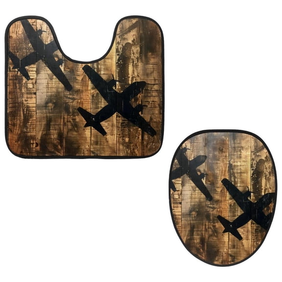 PhooArto Toilet Lid Cover and U-Shaped Toilet Floor Mat Set of 2 Pieces, Fly Airplane Silhouettes on Wooden Boards Toilet Mat Set, Machine Washable Seat Covers Non-Slip Absorbent Rugs