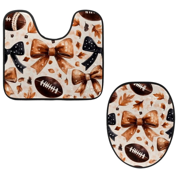 PhooArto Toilet Lid Cover and U-Shaped Toilet Floor Mat Set of 2 Pieces, Football Bows Pattern Toilet Mat Set, Machine Washable Seat Covers Non-Slip Absorbent Rugs