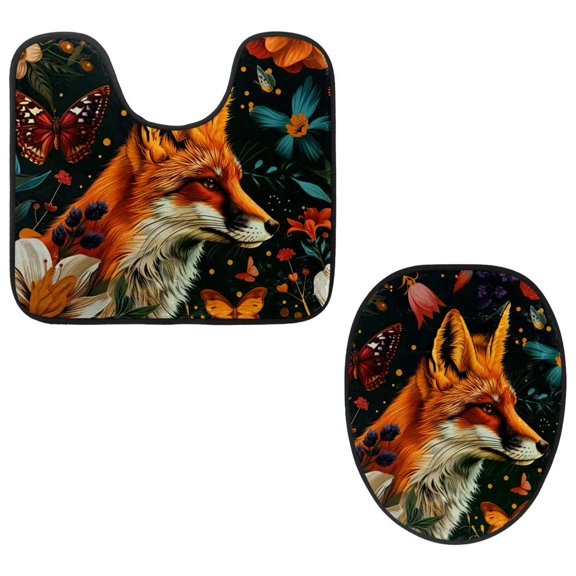 PhooArto Toilet Lid Cover and U-Shaped Toilet Floor Mat Set of 2 Pieces, Forest Fox Floral Toilet Mat Set, Machine Washable Seat Covers Non-Slip Absorbent Rugs