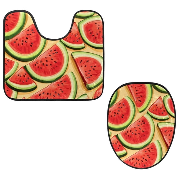 PhooArto Toilet Lid Cover and U-Shaped Toilet Floor Mat Set of 2 Pieces, Fruit Watermelon Slices Pattern Toilet Mat Set, Machine Washable Seat Covers Non-Slip Absorbent Rugs