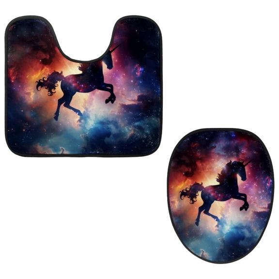 PhooArto Toilet Lid Cover and U-Shaped Toilet Floor Mat Set of 2 Pieces, Galaxy Cloud Unicorn Silhouette Toilet Mat Set, Machine Washable Seat Covers Non-Slip Absorbent Rugs