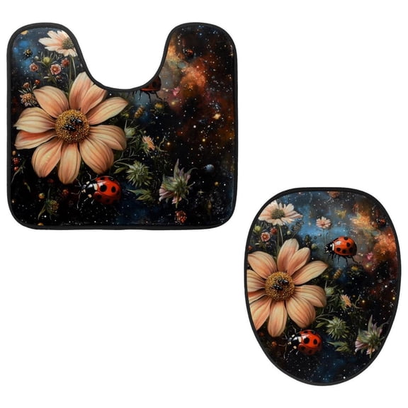 PhooArto Toilet Lid Cover and U-Shaped Toilet Floor Mat Set of 2 Pieces, Galaxy Ladybug Flowers Toilet Mat Set, Machine Washable Seat Covers Non-Slip Absorbent Rugs