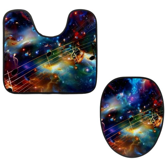 PhooArto Toilet Lid Cover and U-Shaped Toilet Floor Mat Set of 2 Pieces, Galaxy Music Note Star Toilet Mat Set, Machine Washable Seat Covers Non-Slip Absorbent Rugs