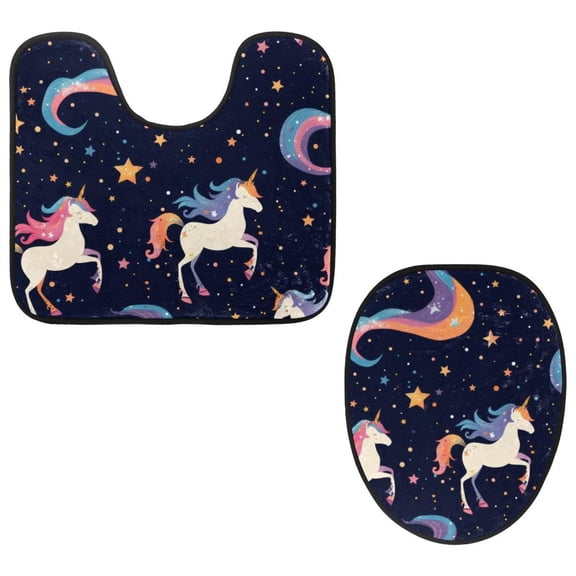 PhooArto Toilet Lid Cover and U-Shaped Toilet Floor Mat Set of 2 Pieces, Galaxy Unicorn Stars Toilet Mat Set, Machine Washable Seat Covers Non-Slip Absorbent Rugs