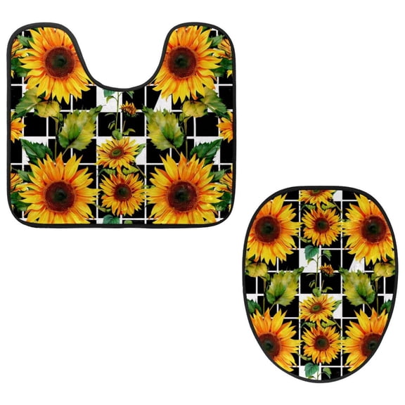 PhooArto Toilet Lid Cover and U-Shaped Toilet Floor Mat Set of 2 Pieces, Geometry Sunflower Pattern Toilet Mat Set, Machine Washable Seat Covers Non-Slip Absorbent Rugs