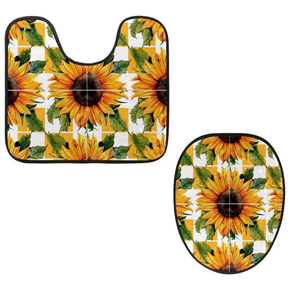 PhooArto Toilet Lid Cover and U-Shaped Toilet Floor Mat Set of 2 Pieces, Geometry Sunflowers Pattern Toilet Mat Set, Machine Washable Seat Covers Non-Slip Absorbent Rugs
