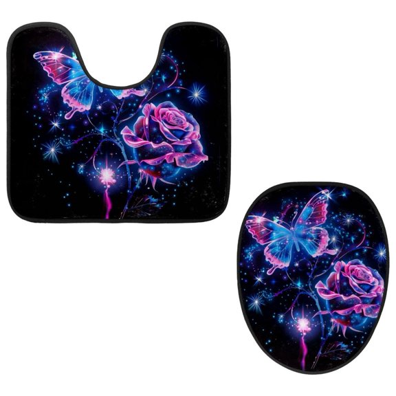 PhooArto Toilet Lid Cover and U-Shaped Toilet Floor Mat Set of 2 Pieces, Glowing Rose Neon Butterfly Toilet Mat Set, Machine Washable Seat Covers Non-Slip Absorbent Rugs