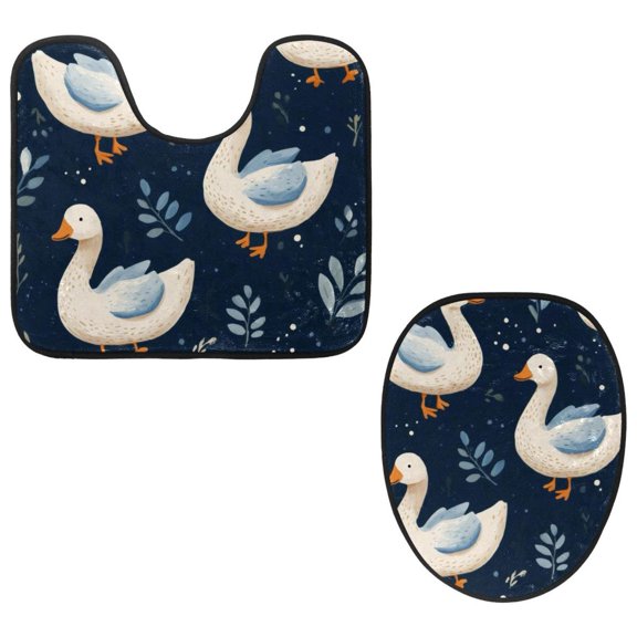 PhooArto Toilet Lid Cover and U-Shaped Toilet Floor Mat Set of 2 Pieces, Goose Blue Leaves Pattern Toilet Mat Set, Machine Washable Seat Covers Non-Slip Absorbent Rugs