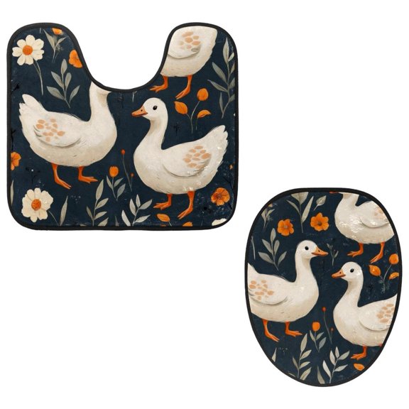 PhooArto Toilet Lid Cover and U-Shaped Toilet Floor Mat Set of 2 Pieces, Goose and Flower Patterns Toilet Mat Set, Machine Washable Seat Covers Non-Slip Absorbent Rugs