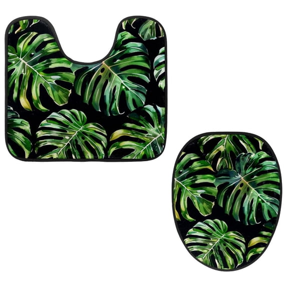 PhooArto Toilet Lid Cover and U-Shaped Toilet Floor Mat Set of 2 Pieces, Green Tropical Monstera Leaves Toilet Mat Set, Machine Washable Seat Covers Non-Slip Absorbent Rugs