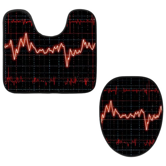 PhooArto Toilet Lid Cover and U-Shaped Toilet Floor Mat Set of 2 Pieces, Heartbeat Lifeline Pattern Toilet Mat Set, Machine Washable Seat Covers Non-Slip Absorbent Rugs