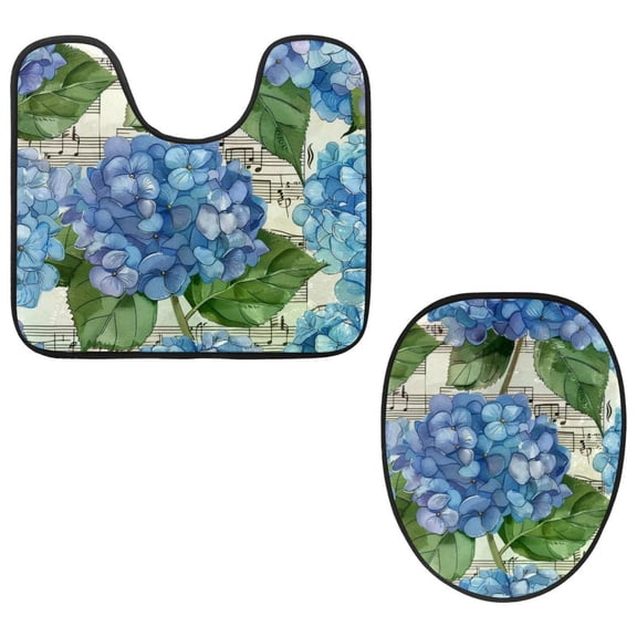 PhooArto Toilet Lid Cover and U-Shaped Toilet Floor Mat Set of 2 Pieces, Hydrangeas Music Pattern Toilet Mat Set, Machine Washable Seat Covers Non-Slip Absorbent Rugs