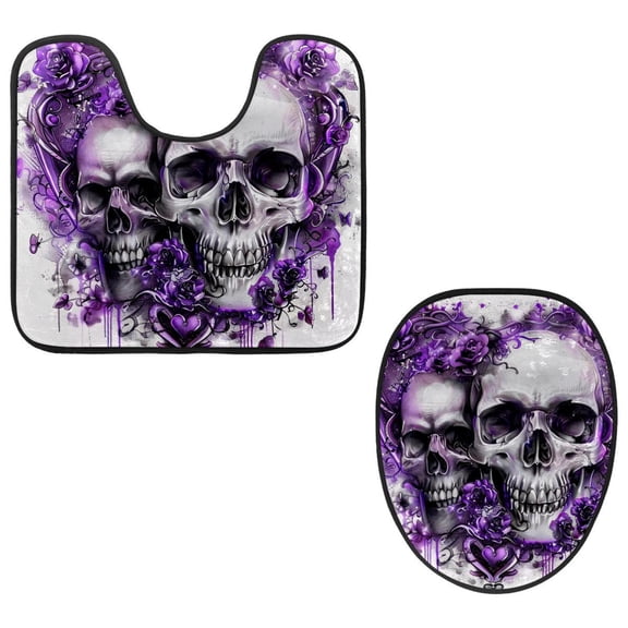 PhooArto Toilet Lid Cover and U-Shaped Toilet Floor Mat Set of 2 Pieces, Love Skull Purple Rose Toilet Mat Set, Machine Washable Seat Covers Non-Slip Absorbent Rugs