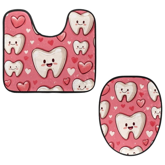 PhooArto Toilet Lid Cover and U-Shaped Toilet Floor Mat Set of 2 Pieces, Love Teeth Pattern Toilet Mat Set, Machine Washable Seat Covers Non-Slip Absorbent Rugs