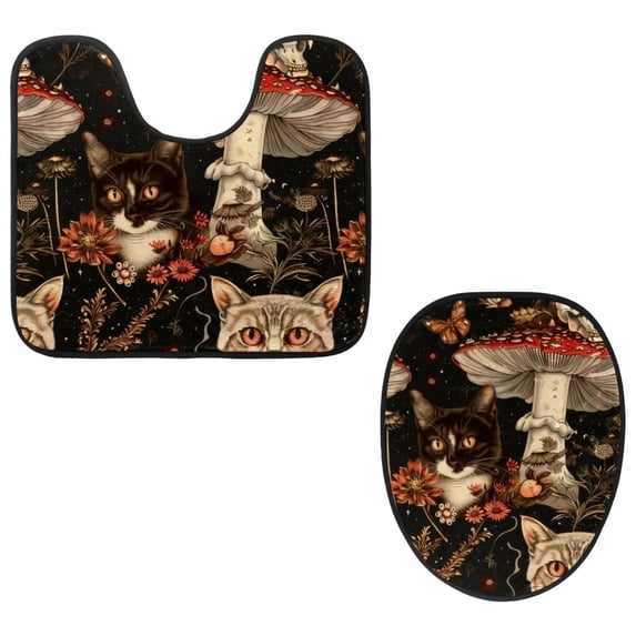 PhooArto Toilet Lid Cover and U-Shaped Toilet Floor Mat Set of 2 Pieces, Mushroom Cat Flowers Pattern Toilet Mat Set, Machine Washable Seat Covers Non-Slip Absorbent Rugs