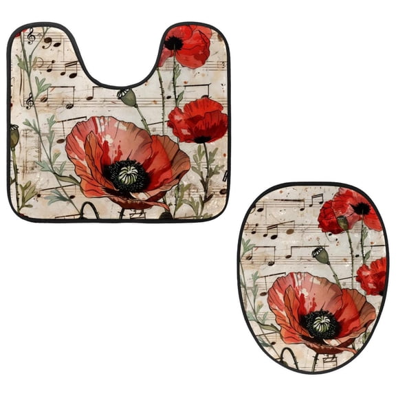 PhooArto Toilet Lid Cover and U-Shaped Toilet Floor Mat Set of 2 Pieces, Music Notes Poppy Flowers Pattern Toilet Mat Set, Machine Washable Seat Covers Non-Slip Absorbent Rugs