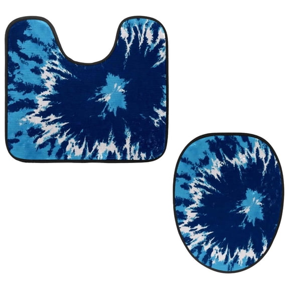 PhooArto Toilet Lid Cover and U-Shaped Toilet Floor Mat Set of 2 Pieces, Navy Blue Tie Dye Toilet Mat Set, Machine Washable Seat Covers Non-Slip Absorbent Rugs
