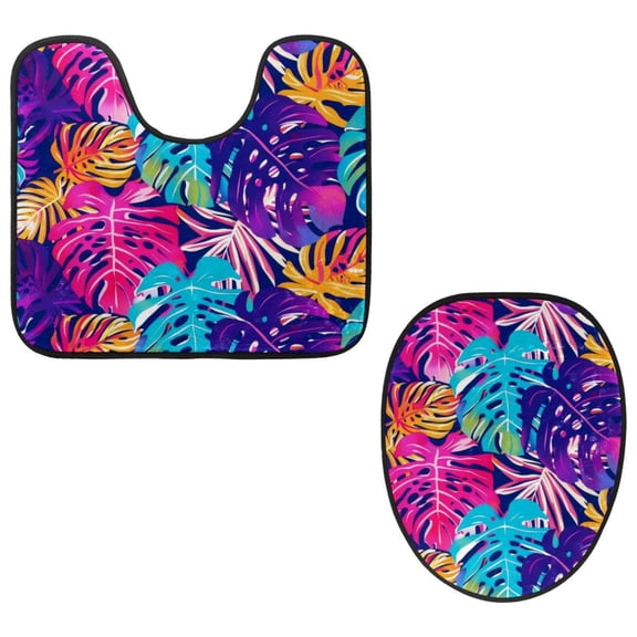 PhooArto Toilet Lid Cover and U-Shaped Toilet Floor Mat Set of 2 Pieces, Neon Tropical Monstera Leaves Pattern Toilet Mat Set, Machine Washable Seat Covers Non-Slip Absorbent Rugs
