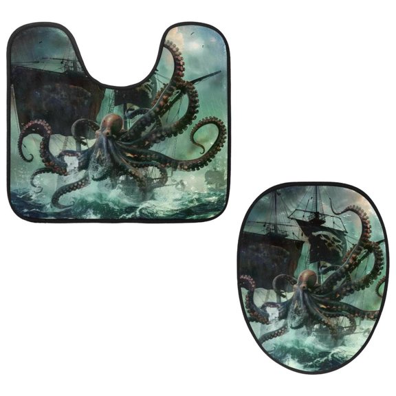 PhooArto Toilet Lid Cover and U-Shaped Toilet Floor Mat Set of 2 Pieces, Ocean Octopus Attack Nautical Ship Toilet Mat Set, Machine Washable Seat Covers Non-Slip Absorbent Rugs