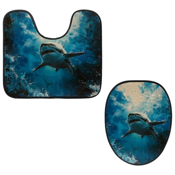 PhooArto Toilet Lid Cover and U-Shaped Toilet Floor Mat Set of 2 Pieces, Ocean Shark on Sky Toilet Mat Set, Machine Washable Seat Covers Non-Slip Absorbent Rugs