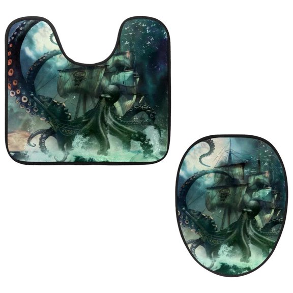 PhooArto Toilet Lid Cover and U-Shaped Toilet Floor Mat Set of 2 Pieces, Octopus Attack Nautical Ship Ocean Toilet Mat Set, Machine Washable Seat Covers Non-Slip Absorbent Rugs