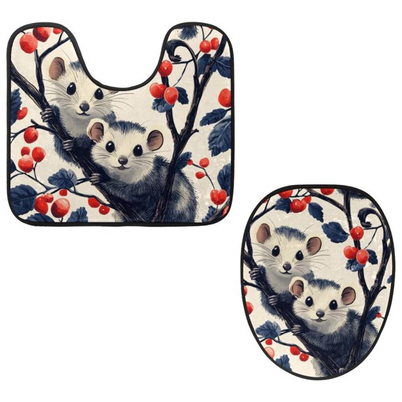 PhooArto Toilet Lid Cover and U-Shaped Toilet Floor Mat Set of 2 Pieces, Opossum Cute Pattern Toilet Mat Set, Machine Washable Seat Covers Non-Slip Absorbent Rugs