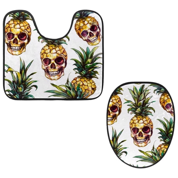PhooArto Toilet Lid Cover and U-Shaped Toilet Floor Mat Set of 2 Pieces, Pineapple Skull Pattern Toilet Mat Set, Machine Washable Seat Covers Non-Slip Absorbent Rugs