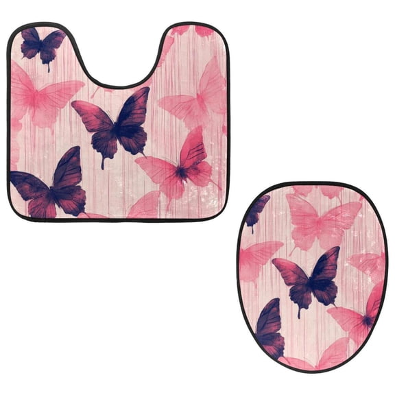 PhooArto Toilet Lid Cover and U-Shaped Toilet Floor Mat Set of 2 Pieces, Pink Butterflies Lines Pattern Toilet Mat Set, Machine Washable Seat Covers Non-Slip Absorbent Rugs