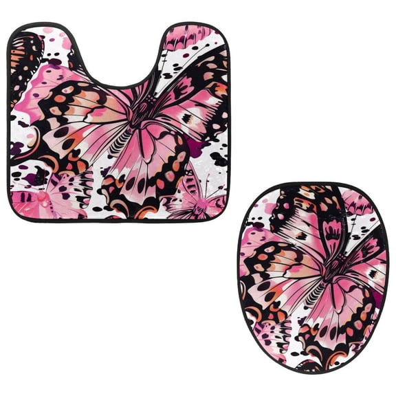 PhooArto Toilet Lid Cover and U-Shaped Toilet Floor Mat Set of 2 Pieces, Pink Butterfly Pattern Toilet Mat Set, Machine Washable Seat Covers Non-Slip Absorbent Rugs