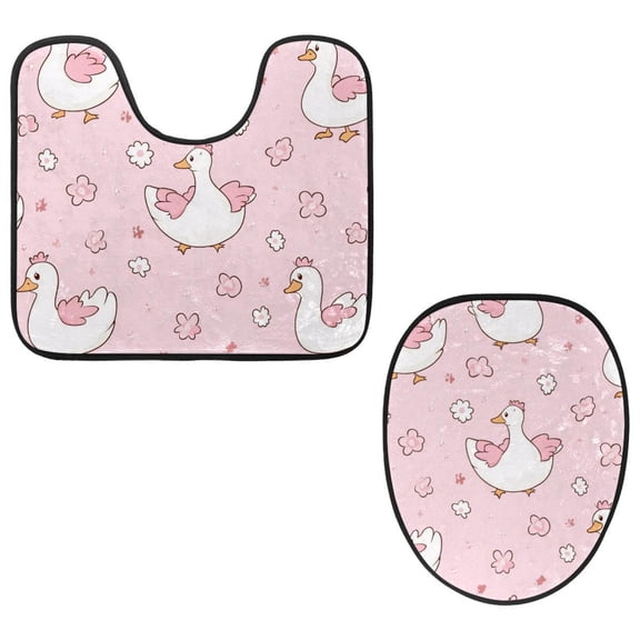 PhooArto Toilet Lid Cover and U-Shaped Toilet Floor Mat Set of 2 Pieces, Pink Goose Pattern Toilet Mat Set, Machine Washable Seat Covers Non-Slip Absorbent Rugs