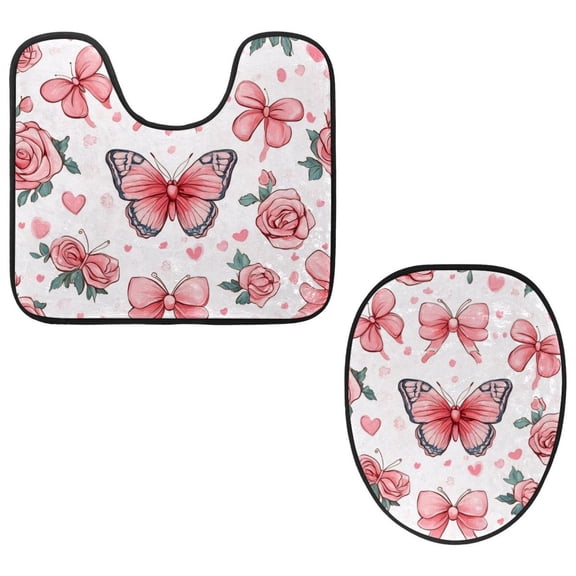 PhooArto Toilet Lid Cover and U-Shaped Toilet Floor Mat Set of 2 Pieces, Pink Roses Butterfly Toilet Mat Set, Machine Washable Seat Covers Non-Slip Absorbent Rugs