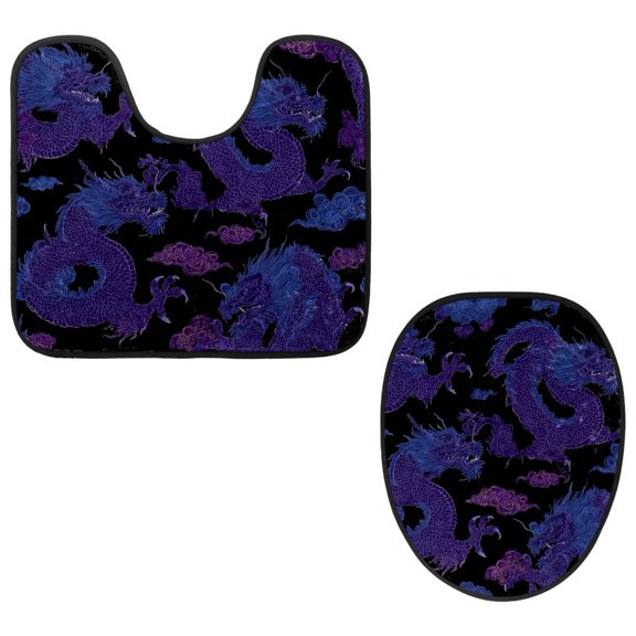PhooArto Toilet Lid Cover and U-Shaped Toilet Floor Mat Set of 2 Pieces, Purple Dragon Pattern Toilet Mat Set, Machine Washable Seat Covers Non-Slip Absorbent Rugs