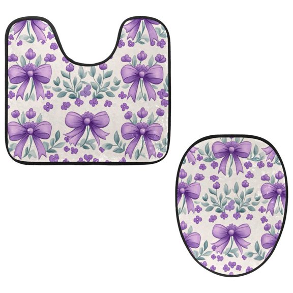 PhooArto Toilet Lid Cover and U-Shaped Toilet Floor Mat Set of 2 Pieces, Purple Flowers Bow Toilet Mat Set, Machine Washable Seat Covers Non-Slip Absorbent Rugs