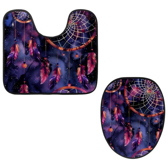 PhooArto Toilet Lid Cover and U-Shaped Toilet Floor Mat Set of 2 Pieces, Purple Galaxy Dreamcatcher Pattern Toilet Mat Set, Machine Washable Seat Covers Non-Slip Absorbent Rugs