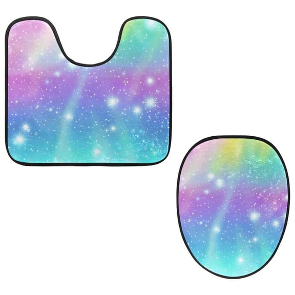 PhooArto Toilet Lid Cover and U-Shaped Toilet Floor Mat Set of 2 Pieces, Rainbow Stars Magic Pattern Toilet Mat Set, Machine Washable Seat Covers Non-Slip Absorbent Rugs