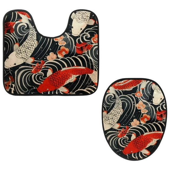 PhooArto Toilet Lid Cover and U-Shaped Toilet Floor Mat Set of 2 Pieces, Red Carp Fish Wave Pattern Toilet Mat Set, Machine Washable Seat Covers Non-Slip Absorbent Rugs