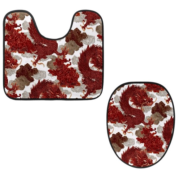 PhooArto Toilet Lid Cover and U-Shaped Toilet Floor Mat Set of 2 Pieces, Red Dragon Pattern Toilet Mat Set, Machine Washable Seat Covers Non-Slip Absorbent Rugs