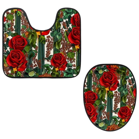PhooArto Toilet Lid Cover and U-Shaped Toilet Floor Mat Set of 2 Pieces, Red Rose Mexico Pattern Toilet Mat Set, Machine Washable Seat Covers Non-Slip Absorbent Rugs