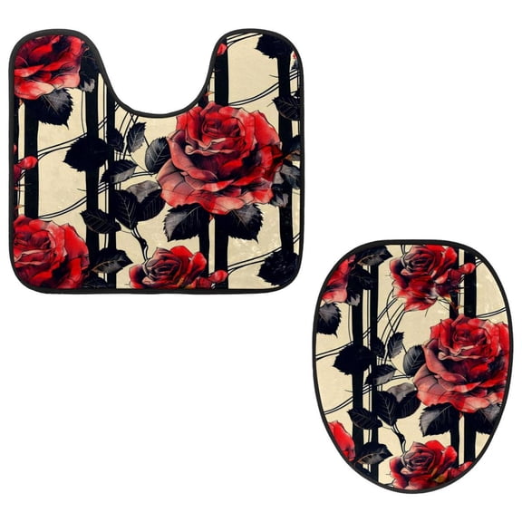 PhooArto Toilet Lid Cover and U-Shaped Toilet Floor Mat Set of 2 Pieces, Red Roses Lines Pattern Toilet Mat Set, Machine Washable Seat Covers Non-Slip Absorbent Rugs