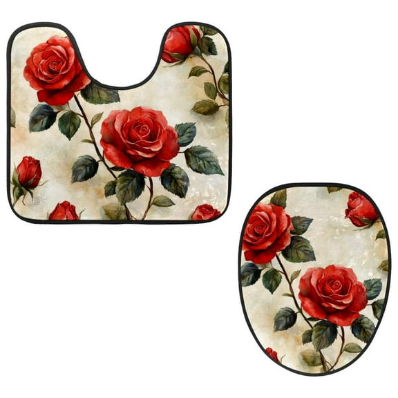 PhooArto Toilet Lid Cover and U-Shaped Toilet Floor Mat Set of 2 Pieces, Red Roses Patterns Toilet Mat Set, Machine Washable Seat Covers Non-Slip Absorbent Rugs