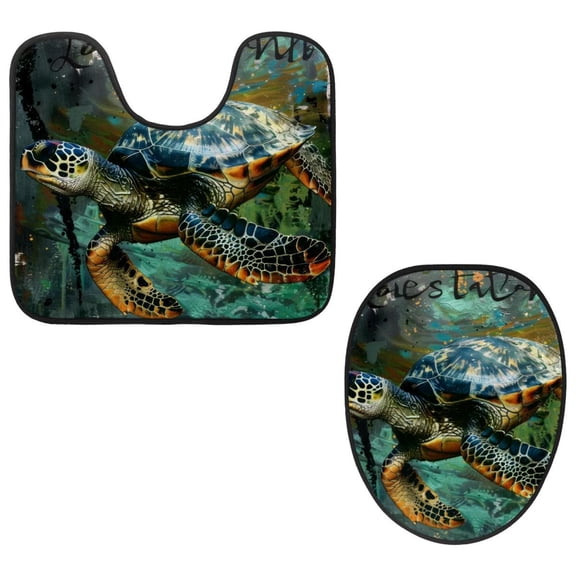 PhooArto Toilet Lid Cover and U-Shaped Toilet Floor Mat Set of 2 Pieces, Retro Doodle Sea Turtle Toilet Mat Set, Machine Washable Seat Covers Non-Slip Absorbent Rugs